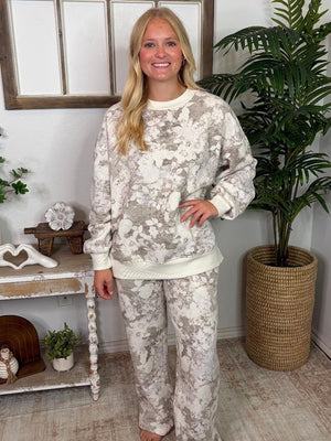Neutral Floral Top & Wide Leg Lounge Set