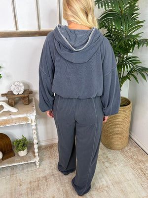 Navy Cropped Hoodie & Elastic Cuff Pants Lounge Set