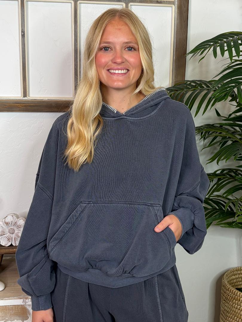 Navy Cropped Hoodie & Elastic Cuff Pants Lounge Set