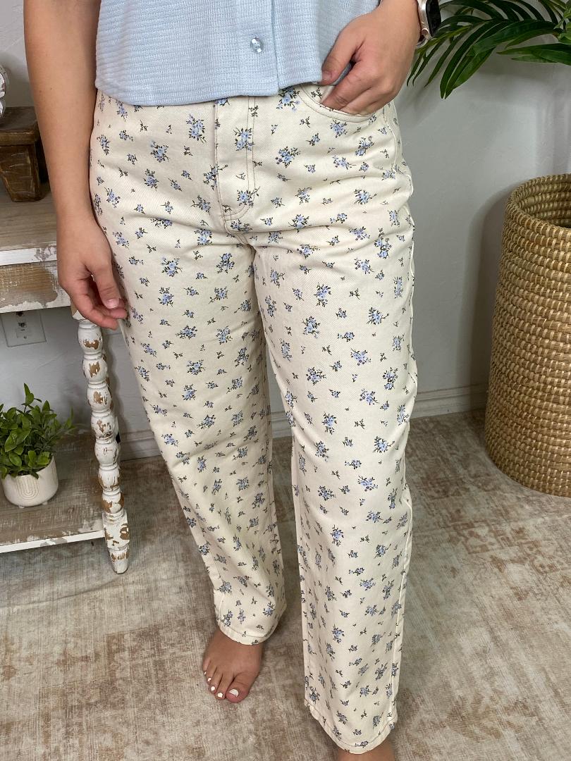 Light Blue Flowers on Ivory Denim Pants