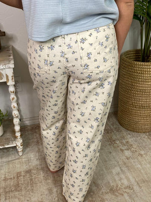 Light Blue Flowers on Ivory Denim Pants