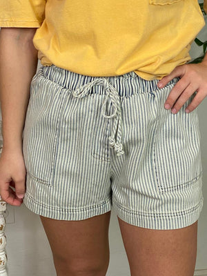 Washed Striped Denim Drawstring Waist Shorts and Matching Vest