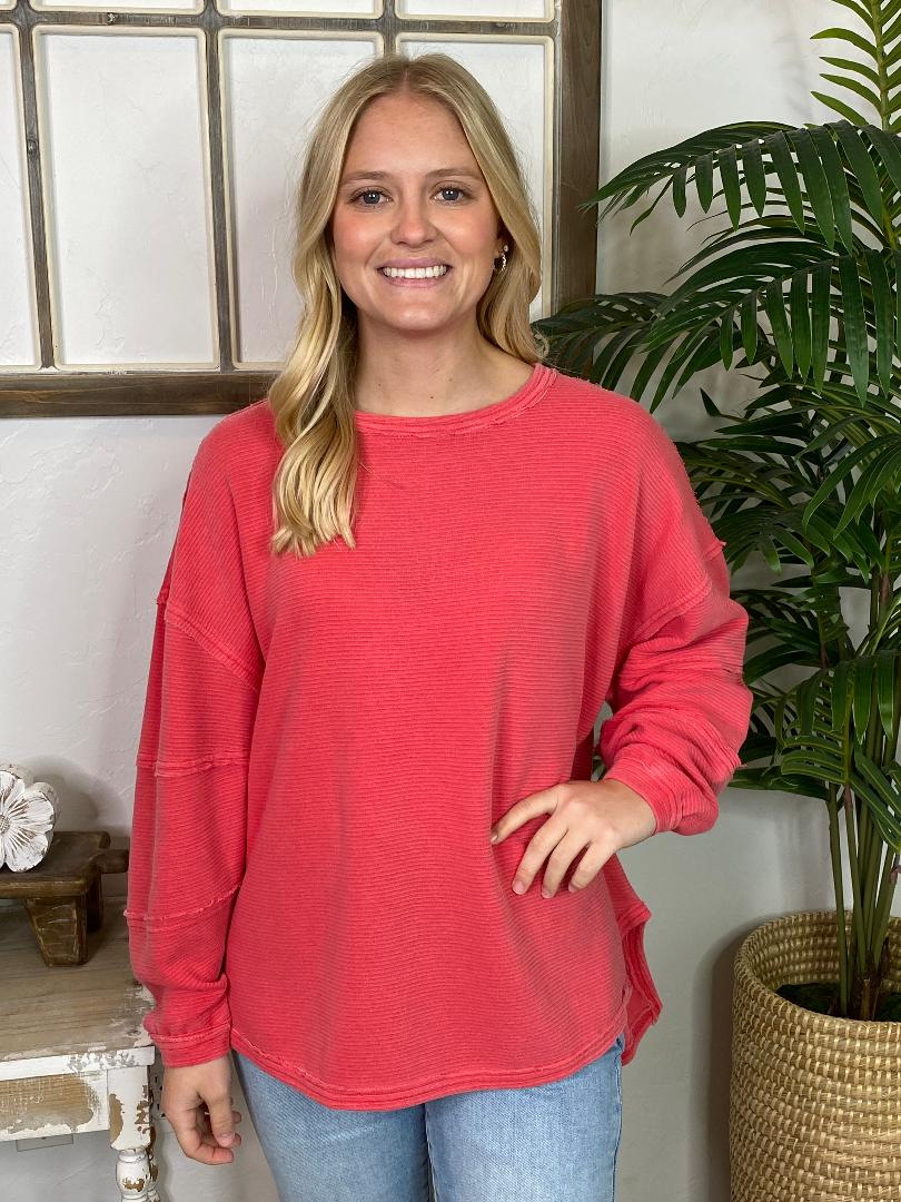 Hot Coral Exposed Seam Knit Top