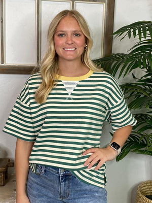 Green Striped Top with Yellow Ringer