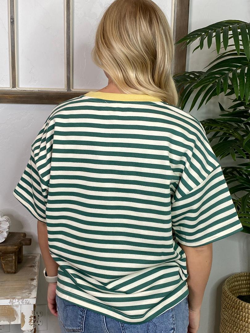 Green Striped Top with Yellow Ringer
