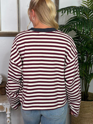 Maroon Striped Sweatshirt with Gray Ringer