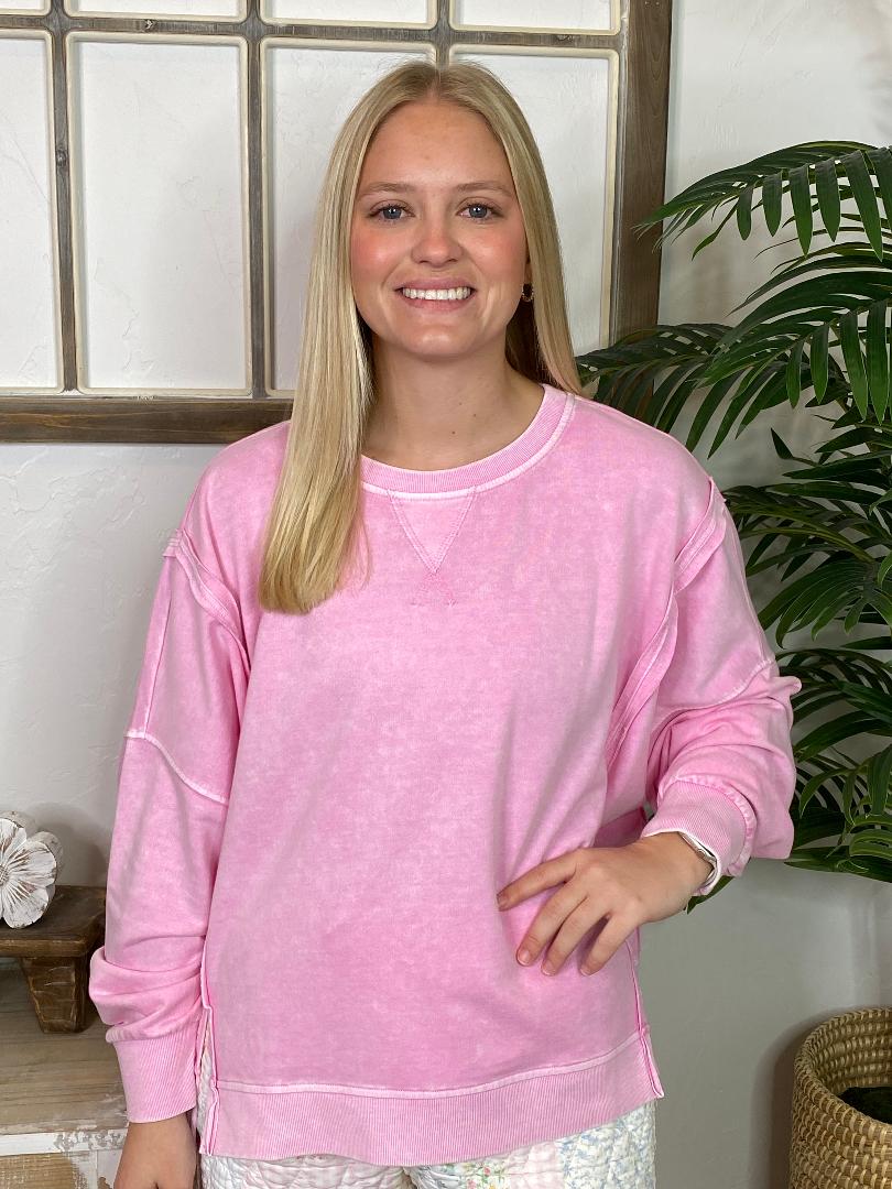 Washed Sweatshirt with Raw Hem in 3 Colors