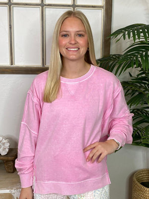 Washed Sweatshirt with Raw Hem in 3 Colors