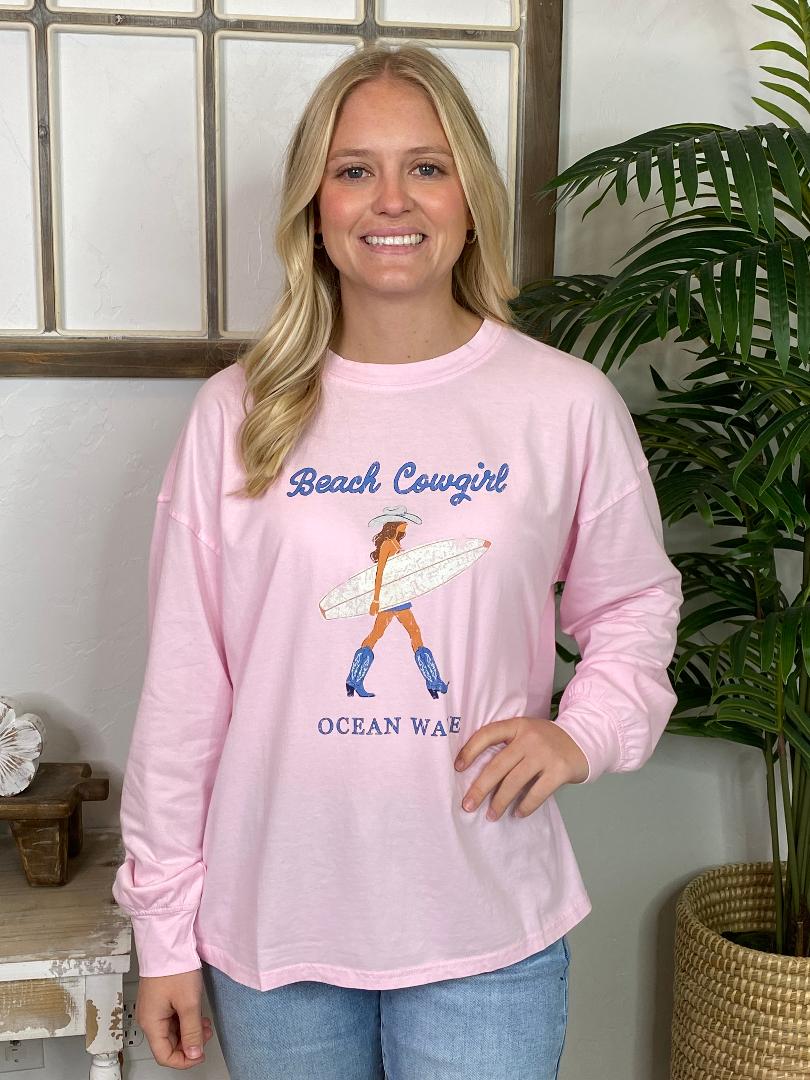 Beach Cowgirl Long Sleeve Pink Tee