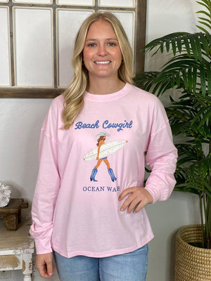 Beach Cowgirl Long Sleeve Pink Tee