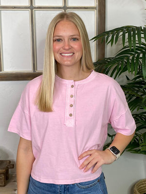 Pink Henley Cropped Tee