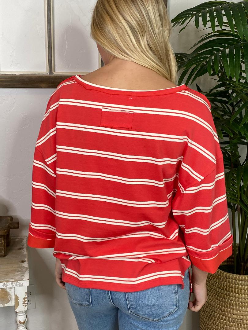 Coral and White Striped Top with Raw Edge Cuff