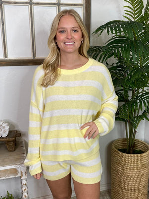 Yellow and White Striped Sweater Shorts Set