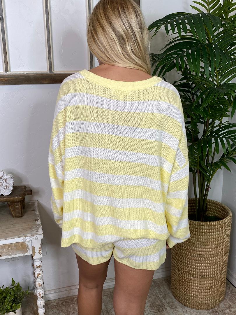 Yellow and White Striped Sweater Shorts Set