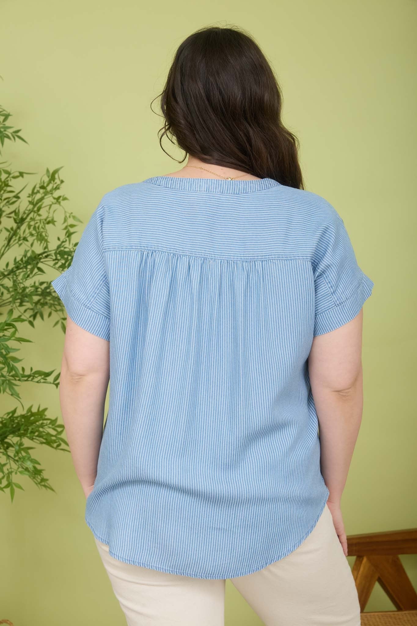 Chambray Striped Henley in Curvy