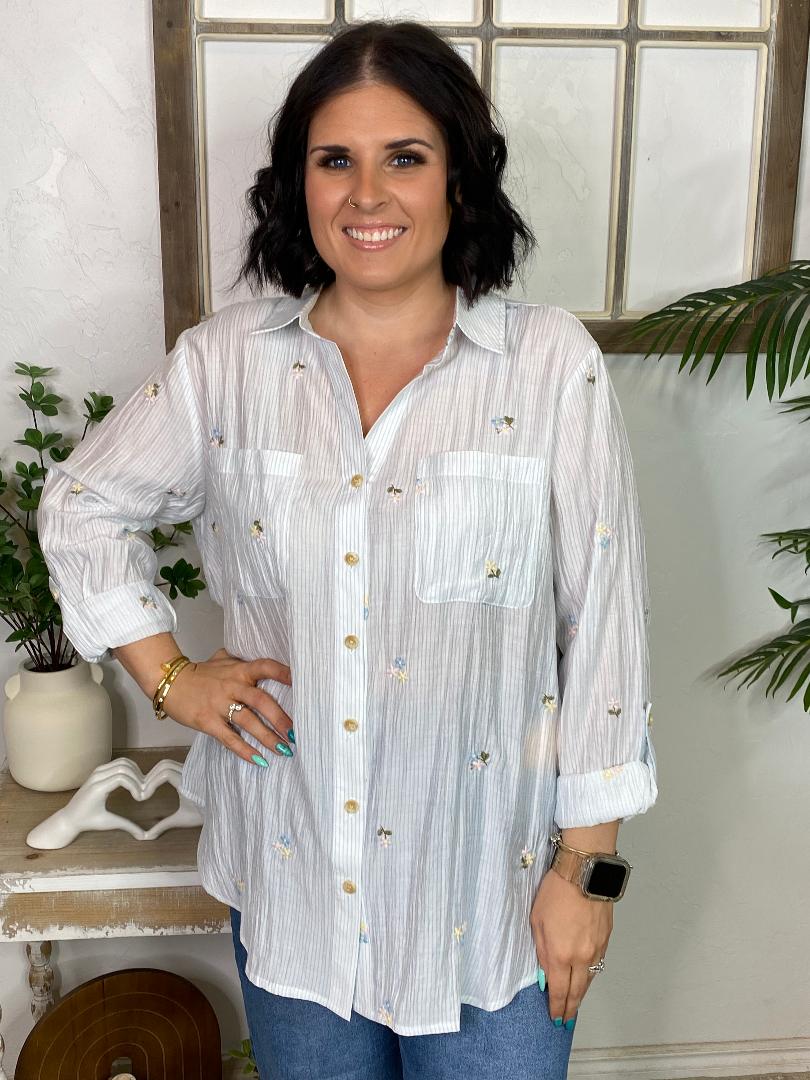Blue and White Pinstripe Button Down Shirt with Embroidered Flowers S-3XL