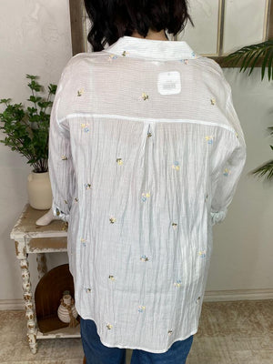 Blue and White Pinstripe Button Down Shirt with Embroidered Flowers S-3XL