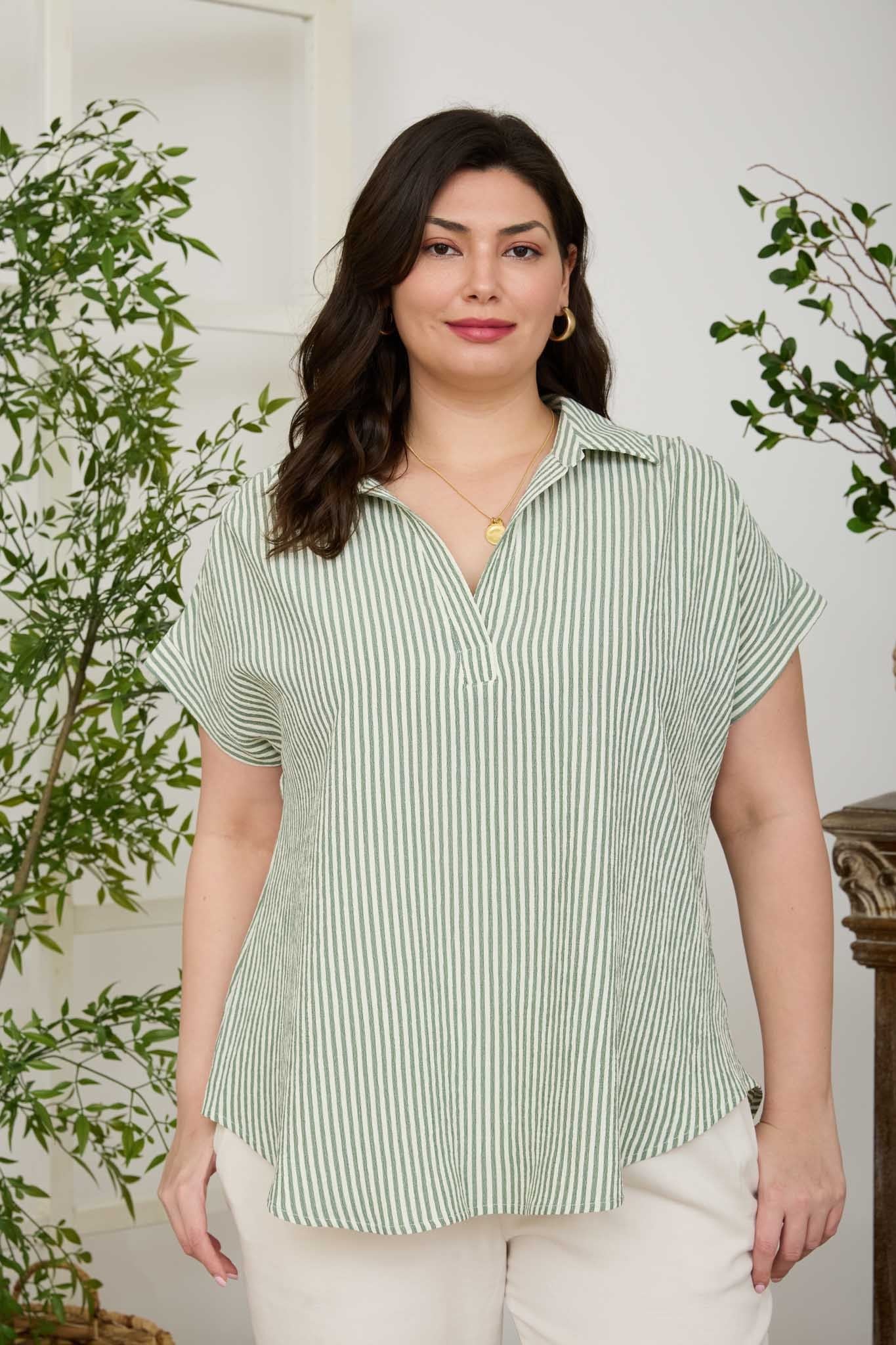 Green and White Striped V-Neck Blouse in Curvy