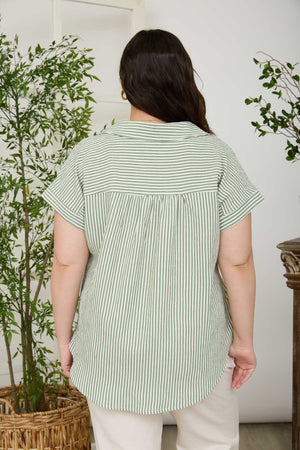 Green and White Striped V-Neck Blouse in Curvy