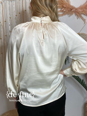 Satin Blouse with Twist Neckline in Champagne or Hunter Green