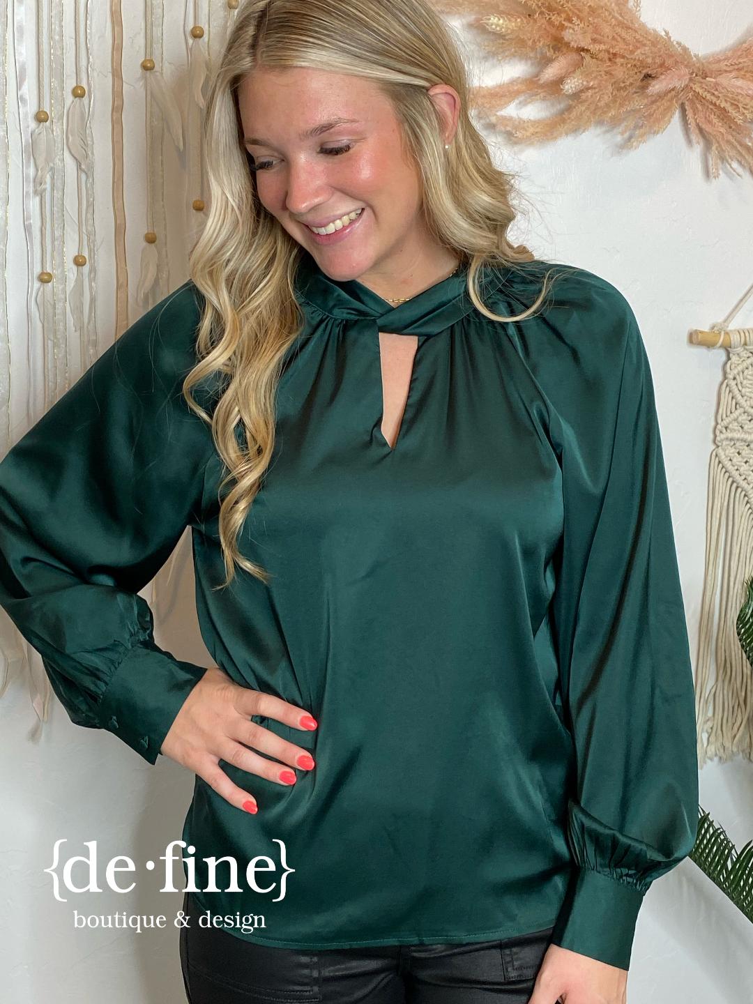 Satin Blouse with Twist Neckline in Champagne or Hunter Green