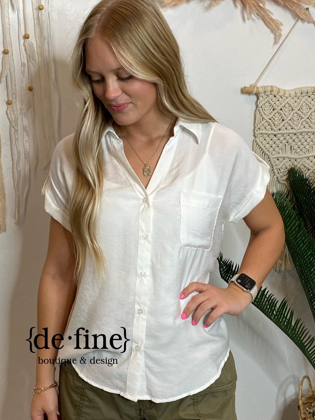 White Button Up Short Sleeve Top in Regular & Curvy