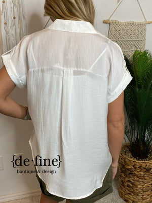 White Button Up Short Sleeve Top in Regular & Curvy