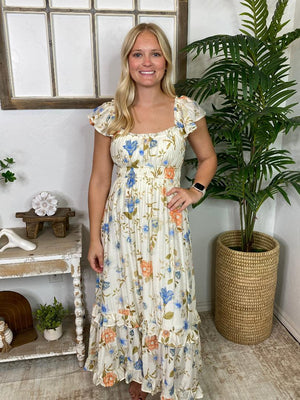Floral Scoop Neck Ruffle Midi Dress