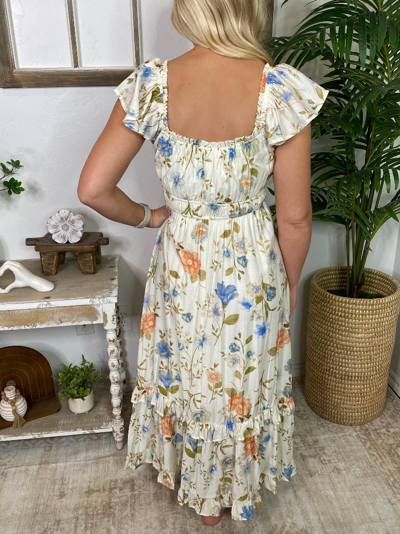 Floral Scoop Neck Ruffle Midi Dress