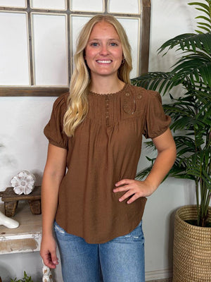 Natural or Brown Eyelet Lace Trim Linen Top