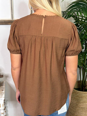 Natural or Brown Eyelet Lace Trim Linen Top