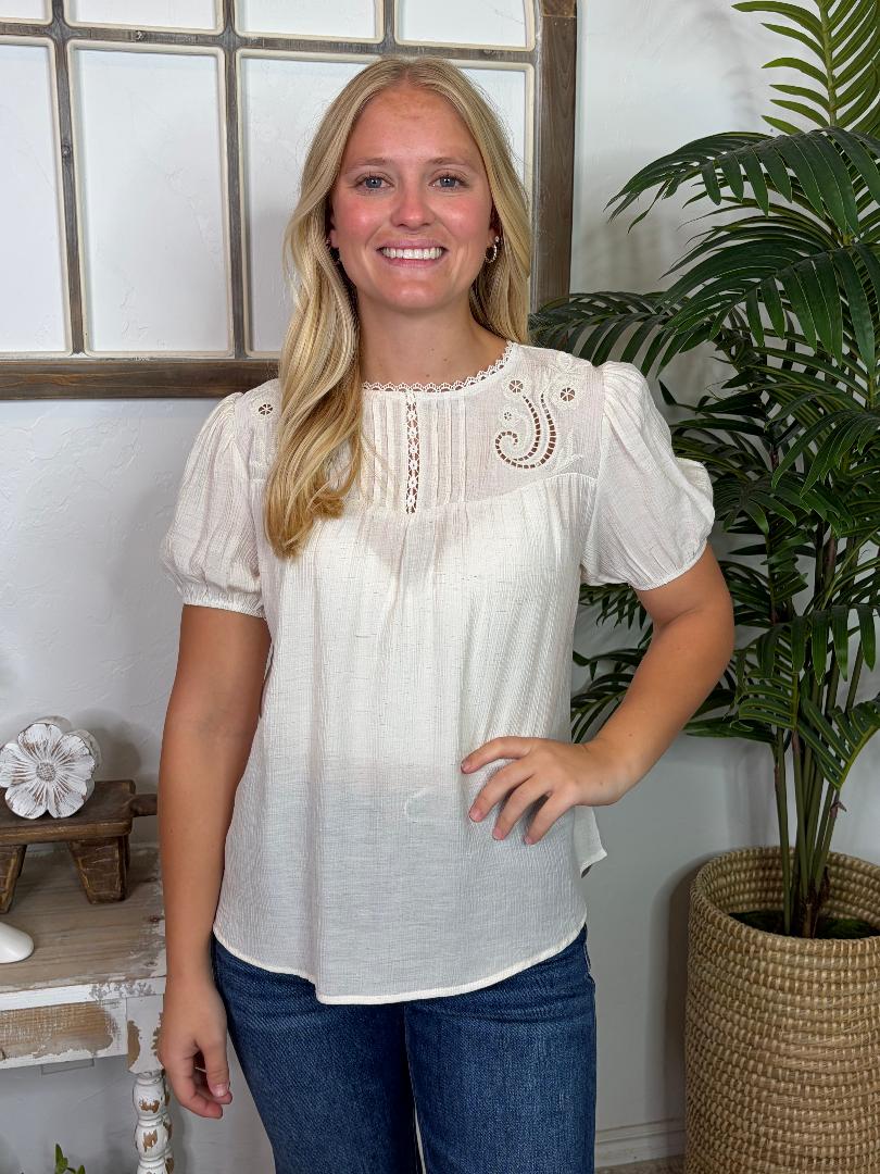 Natural or Brown Eyelet Lace Trim Linen Top