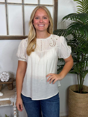 Natural or Brown Eyelet Lace Trim Linen Top