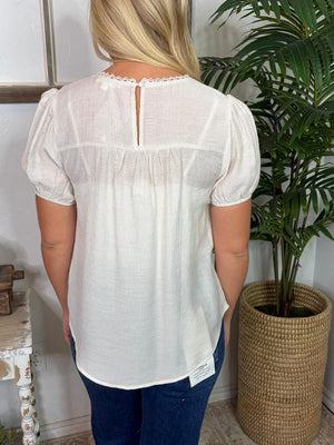 Natural or Brown Eyelet Lace Trim Linen Top