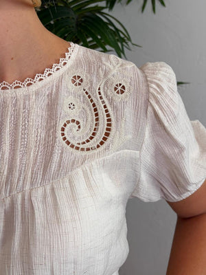 Natural or Brown Eyelet Lace Trim Linen Top