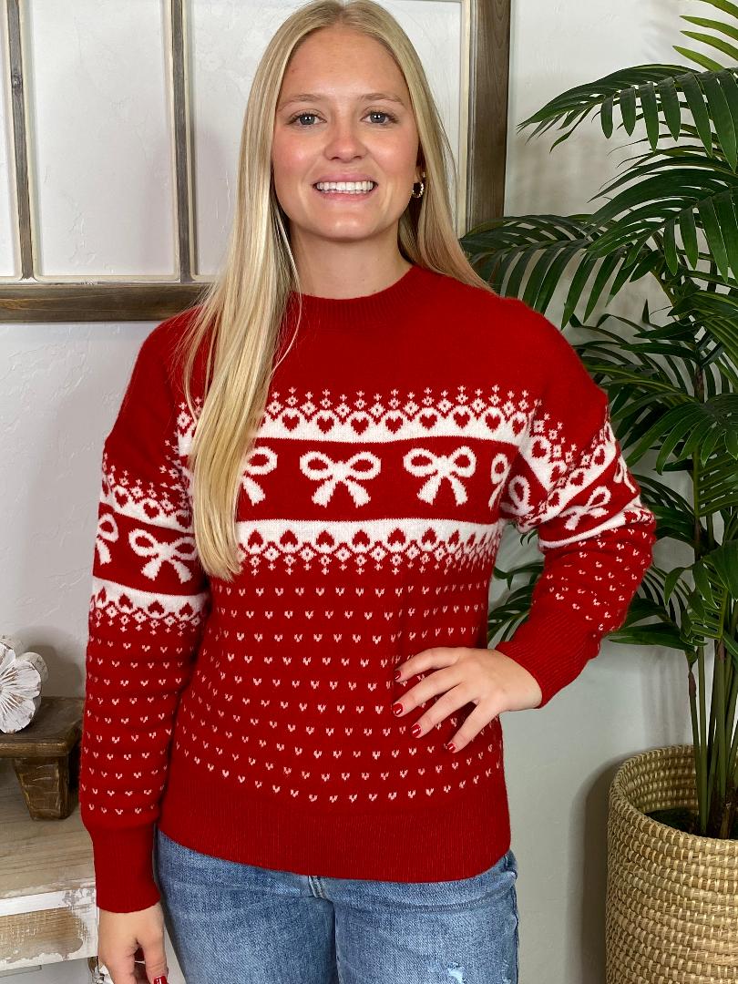 Bow and Heart Jacquard Pullover Sweater