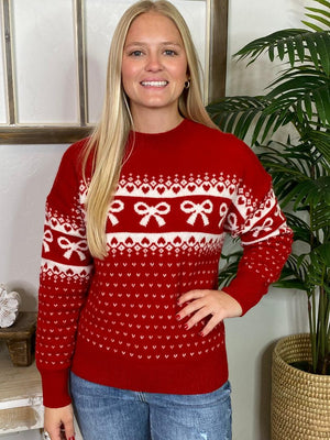 Bow and Heart Jacquard Pullover Sweater