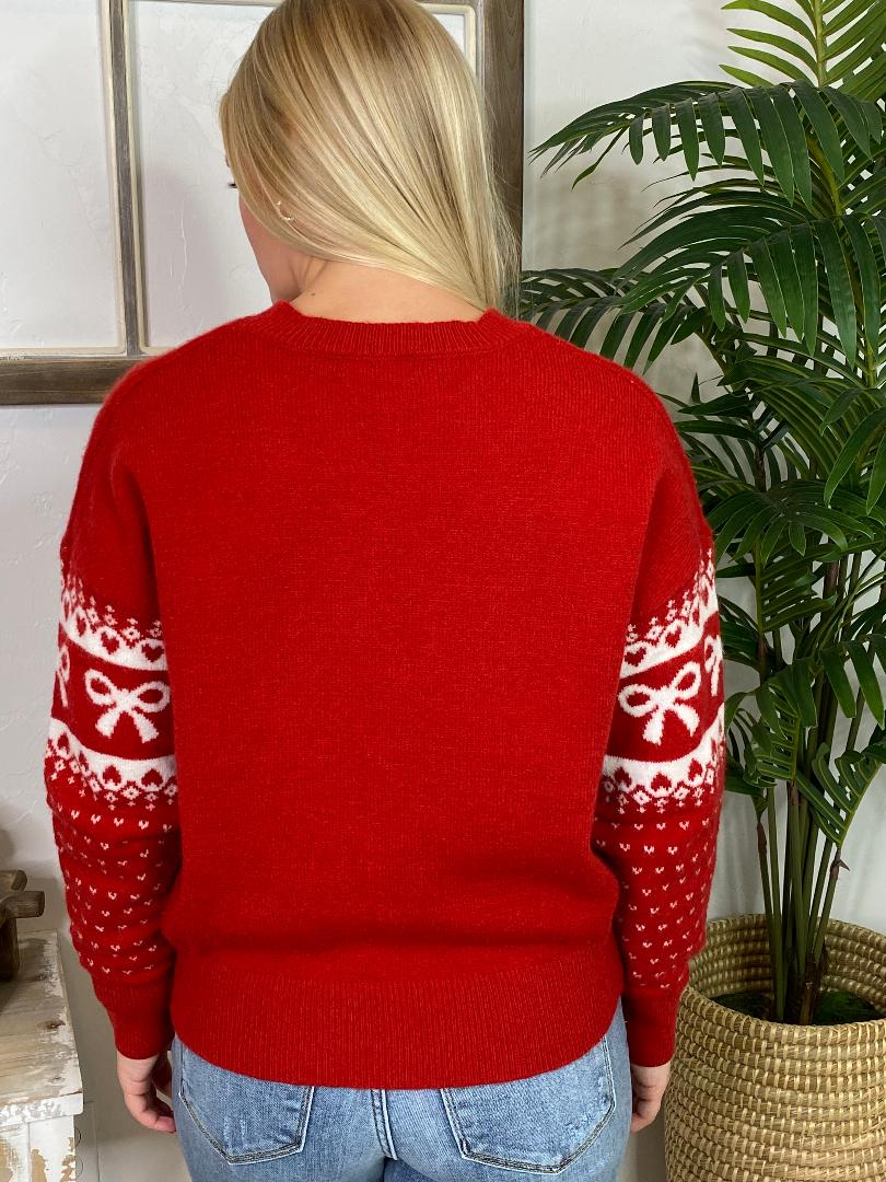 Bow and Heart Jacquard Pullover Sweater