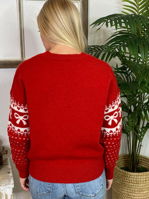Bow and Heart Jacquard Pullover Sweater