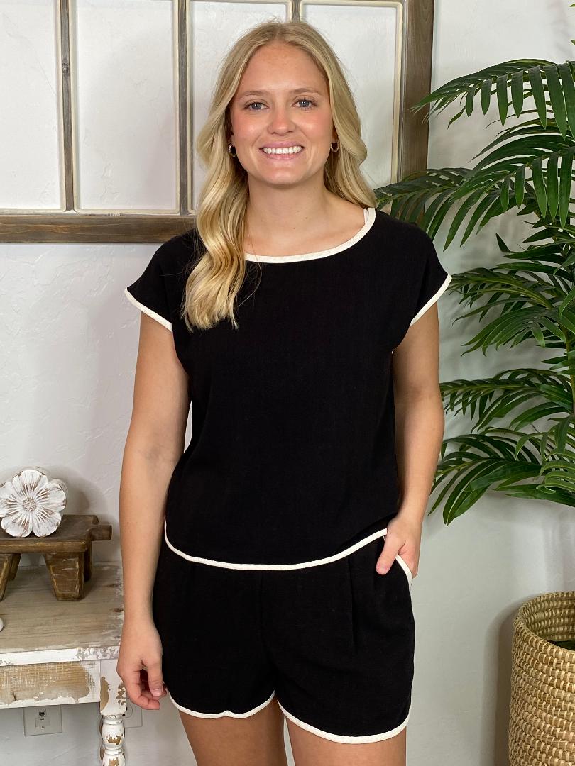 Black with Cream Trim Shorts Set