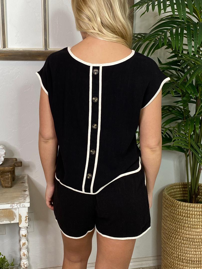Black with Cream Trim Shorts Set