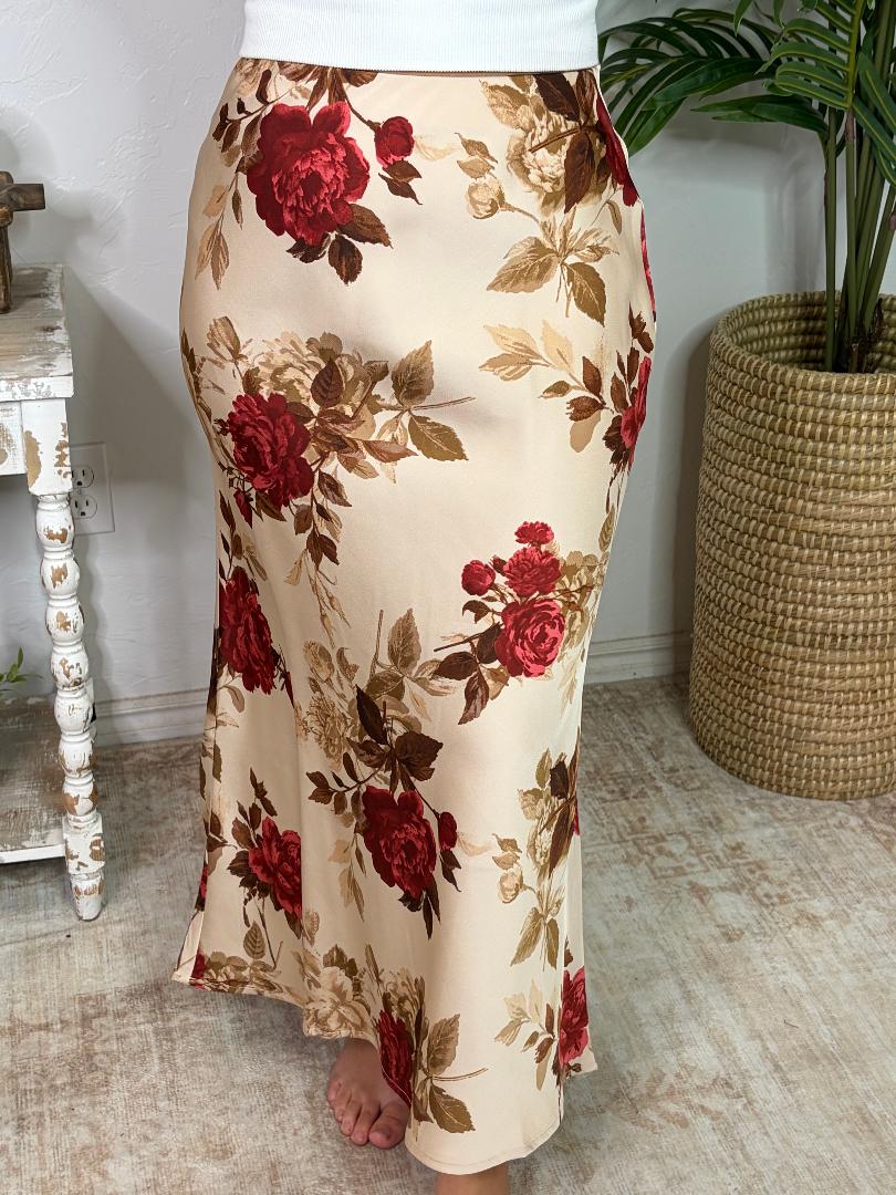 Ivory Satin Skirt with Burgundy Roses
