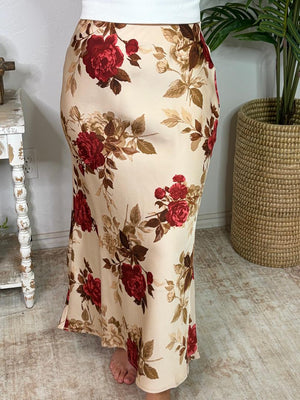 Ivory Satin Skirt with Burgundy Roses