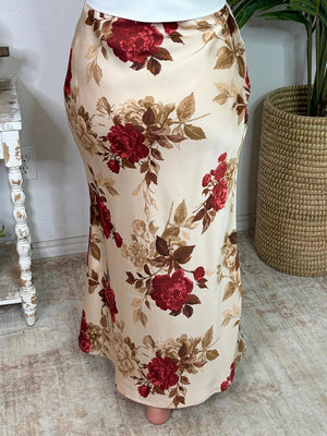 Ivory Satin Skirt with Burgundy Roses