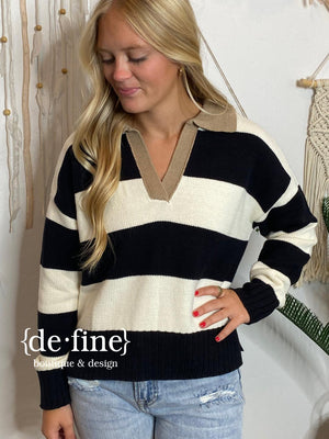 Black White Stripe Sweater with Tan Collar