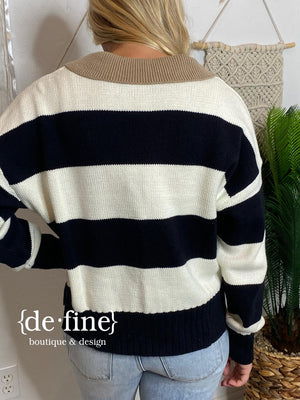 Black White Stripe Sweater with Tan Collar