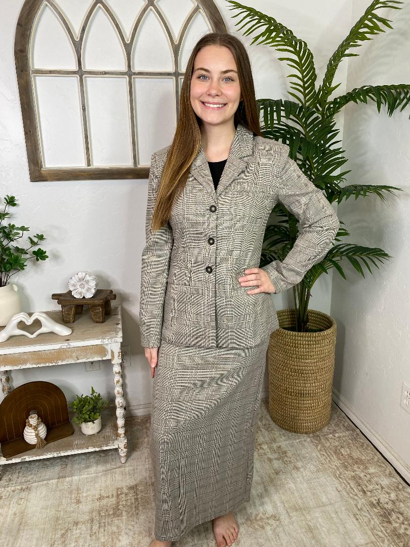 Light Taupe Plaid Blazer and Pencil Skirt Set