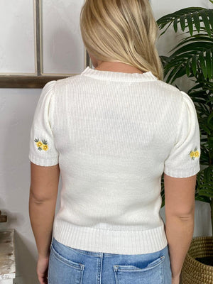 Fitted Embroidered Sweater in Butter or Ivory
