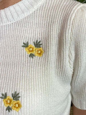 Fitted Embroidered Sweater in Butter or Ivory