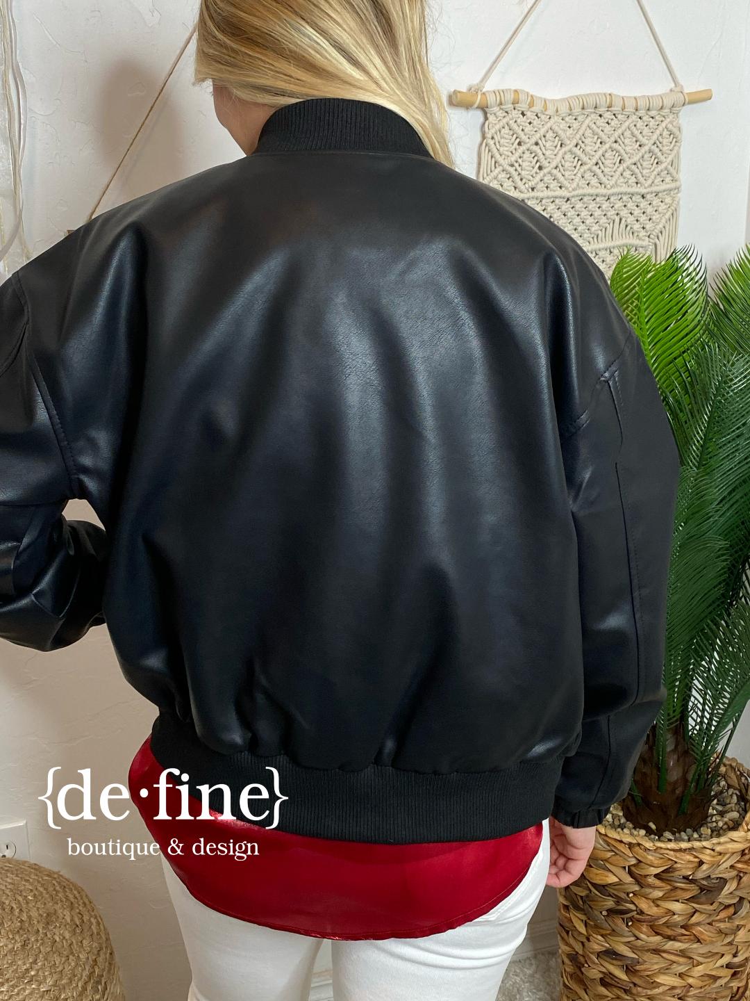 Black Faux Leather Bomber Jacket with Zipper Sleeve Detail